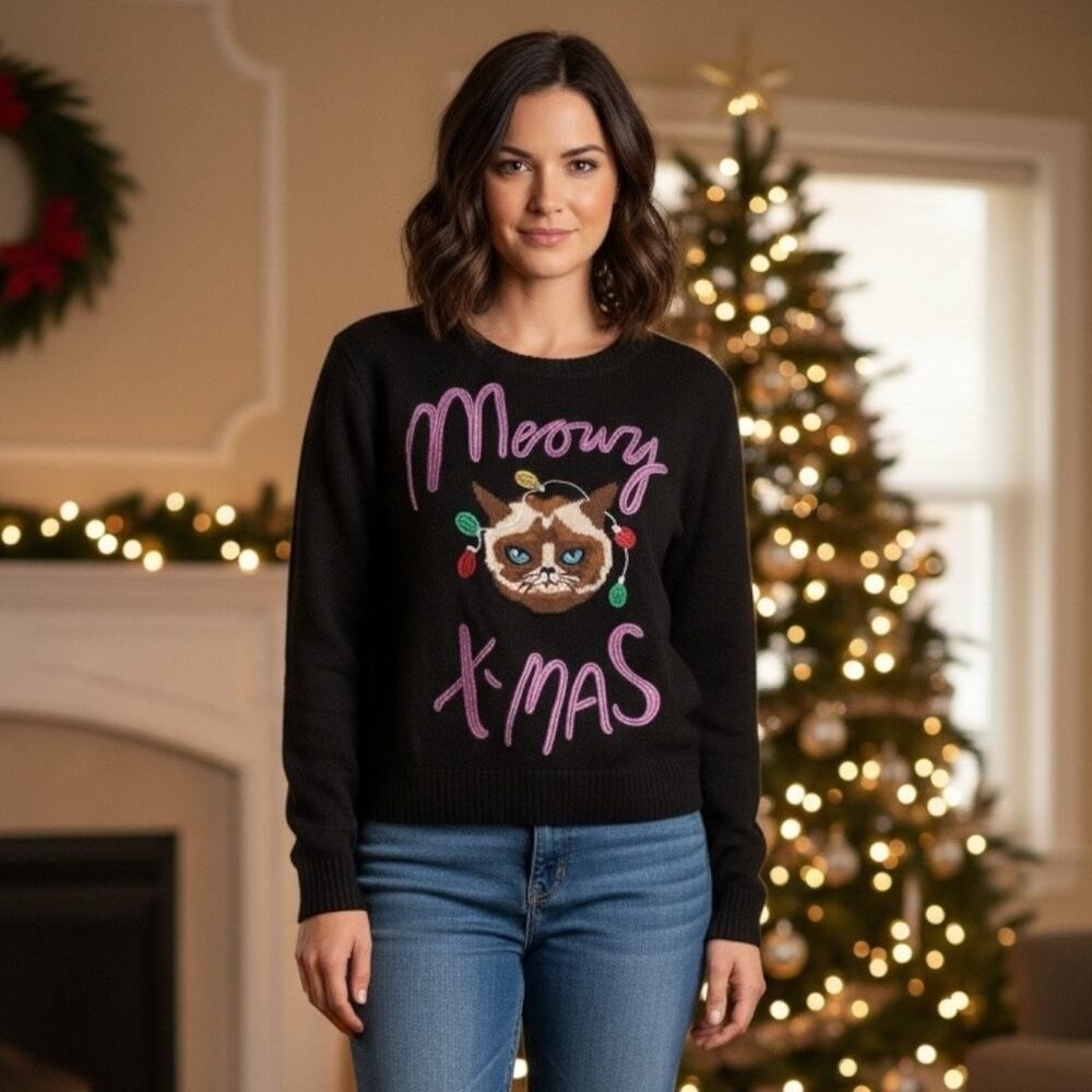 Meowy Christmas Holiday Traditions‎ Sweater Kitty Cat Themed Size S Pullover